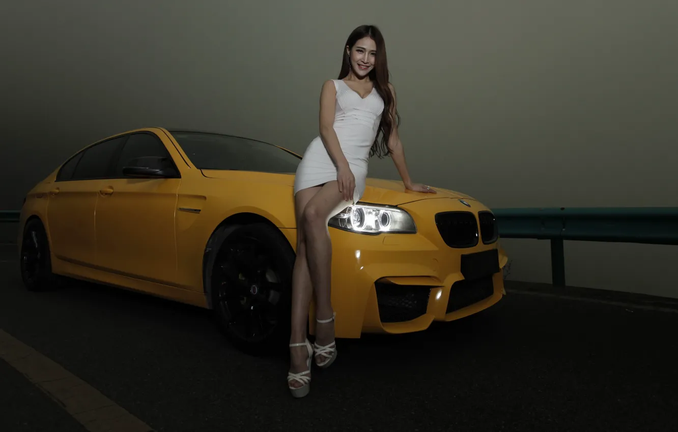 Photo wallpaper look, girl, smile, BMW, Asian, beautiful girl, yellow car