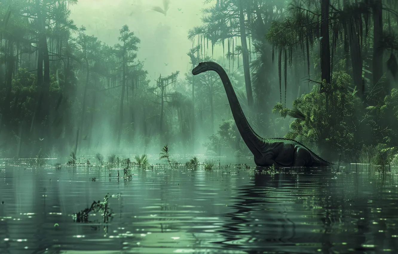 Photo wallpaper trees, lake, animal, dinosaur, neck, digital art, Ancient animals, Extinct animals