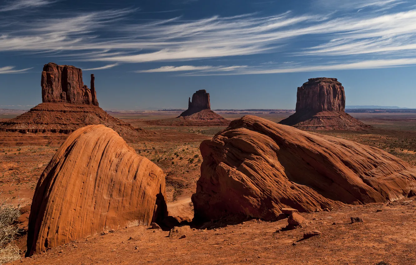 Photo wallpaper the sky, clouds, rocks, desert, valley, monuments