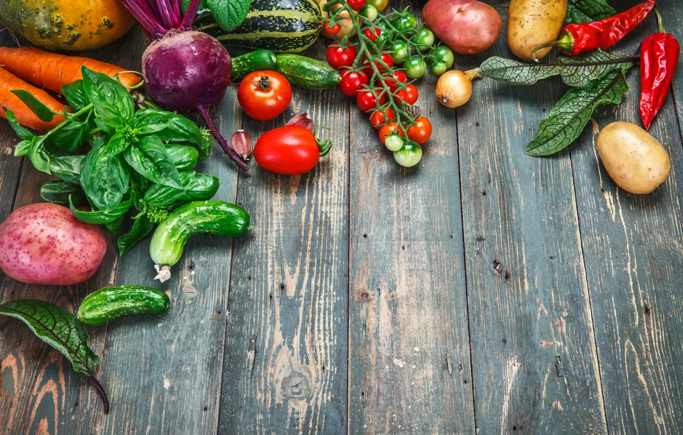 Photo wallpaper harvest, vegetables, fresh, wood, vegetables, healthy, harvest