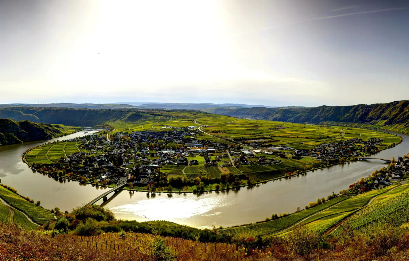 Photo wallpaper field, mountains, bridge, river, home, dal, Germany, town