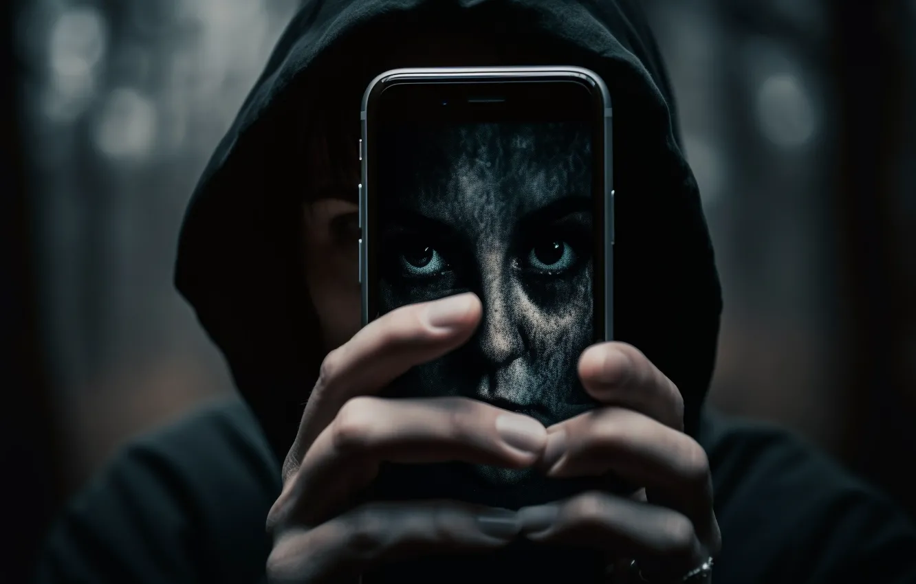 Photo wallpaper eyes, look, face, fear, danger, hood, horror, fingers