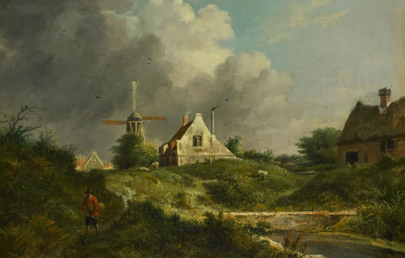 Photo wallpaper oil, picture, windmill, 1807, Yan Holswich, Jan Hulswit, The landscape in the Gooi