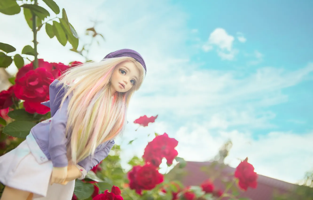 Photo wallpaper girl, roses, doll, blonde