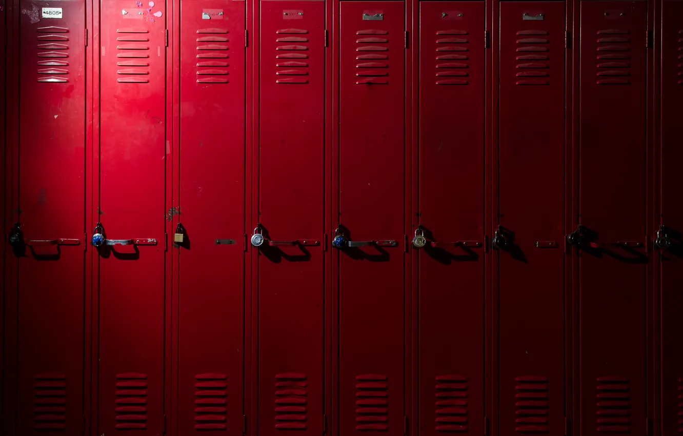 Photo wallpaper metal, red, locks, lockers
