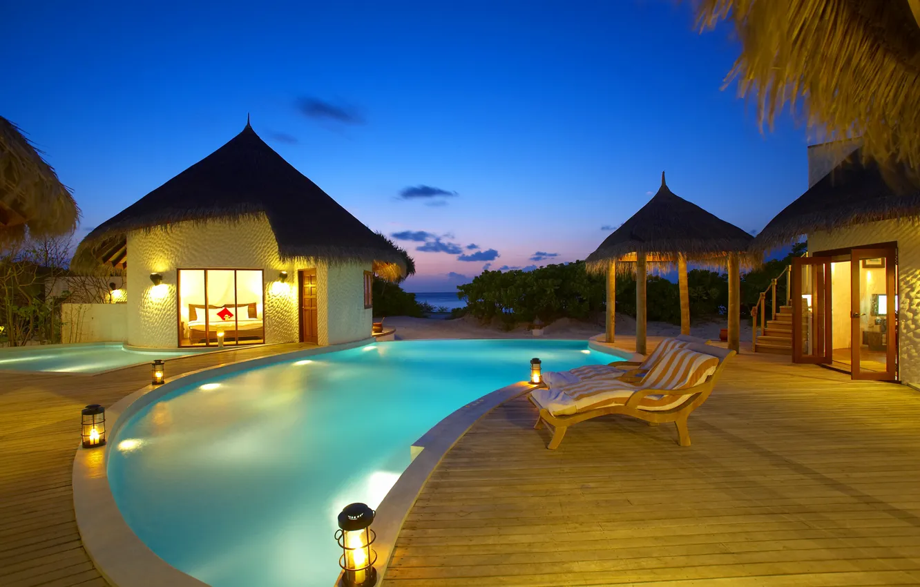 Photo wallpaper sea, bed, the evening, pool, houses, the Maldives, pool, sunbeds