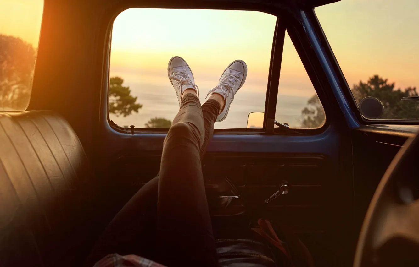 Photo wallpaper Girl, Car, Sunset, Mood