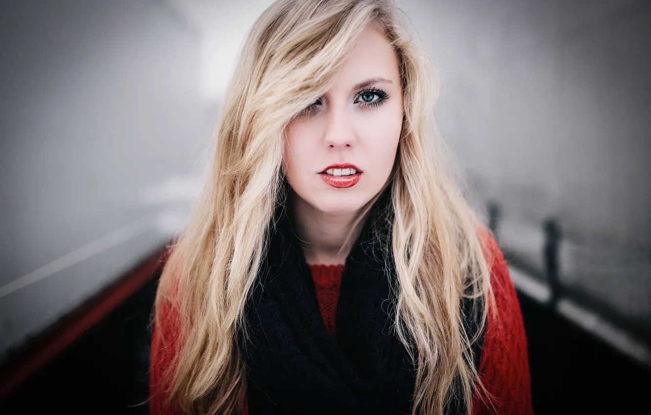 Photo wallpaper red, model, scarf, lips, jacket, Natalia