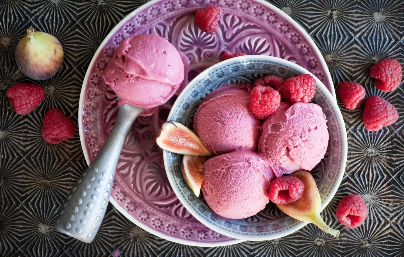 Photo wallpaper berries, raspberry, plate, ice cream, dessert, sweet, figs