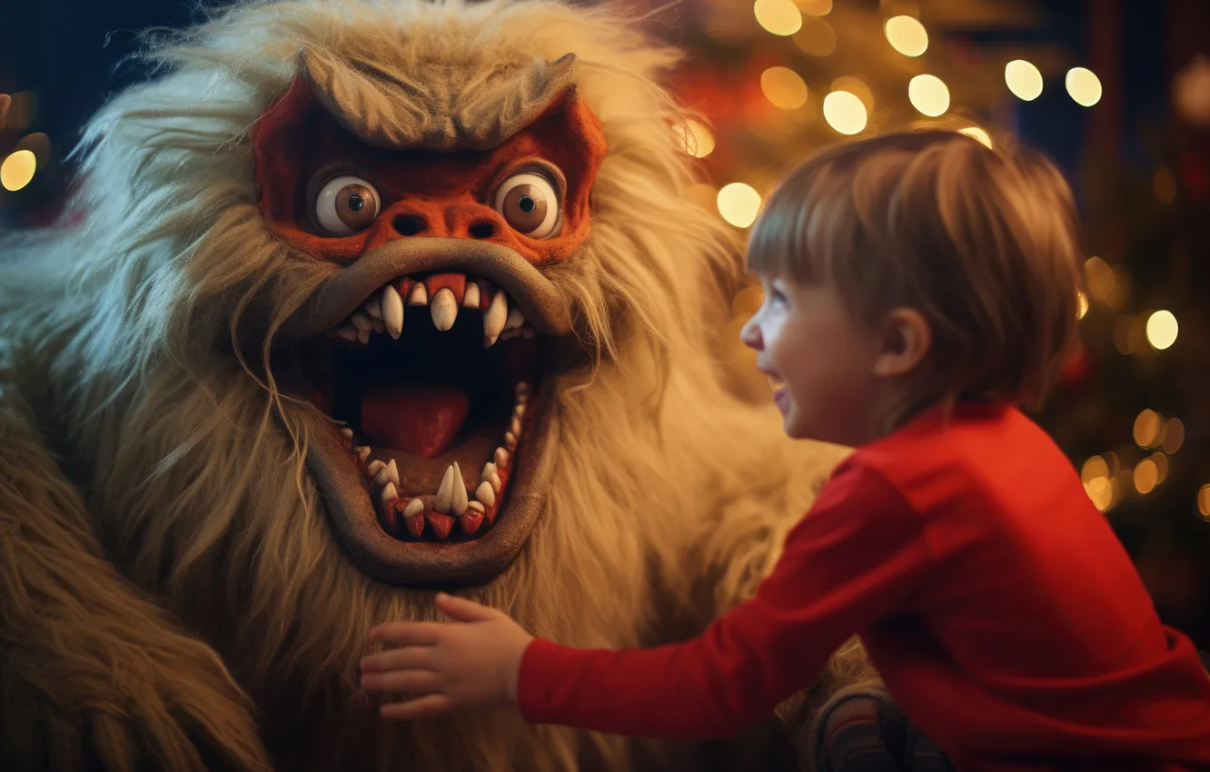 Photo wallpaper Lights, Boy, Monster, Smile, Christmas, New year, Joy, Digital art