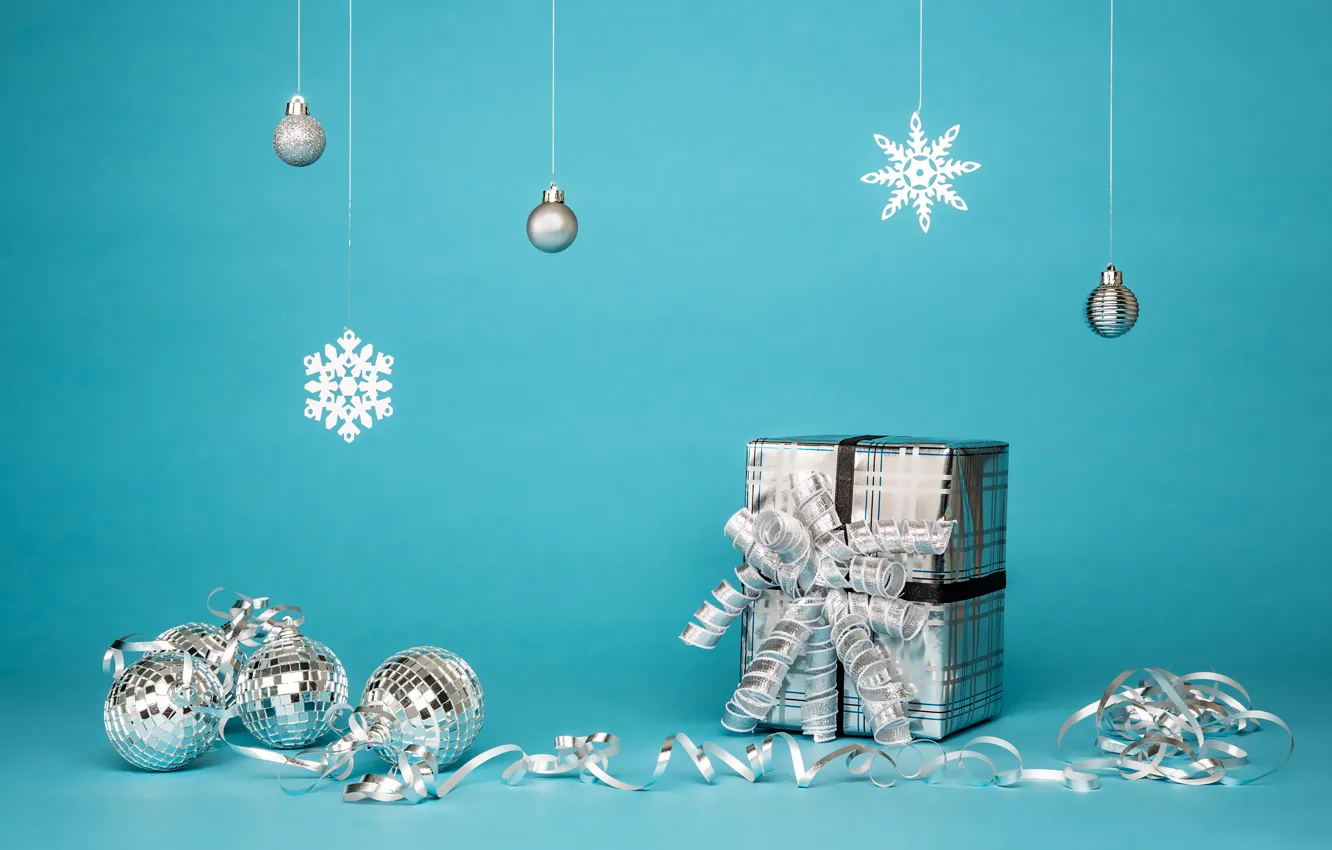Photo wallpaper winter, balls, snowflakes, holiday, Christmas, New year, box, Christmas decorations