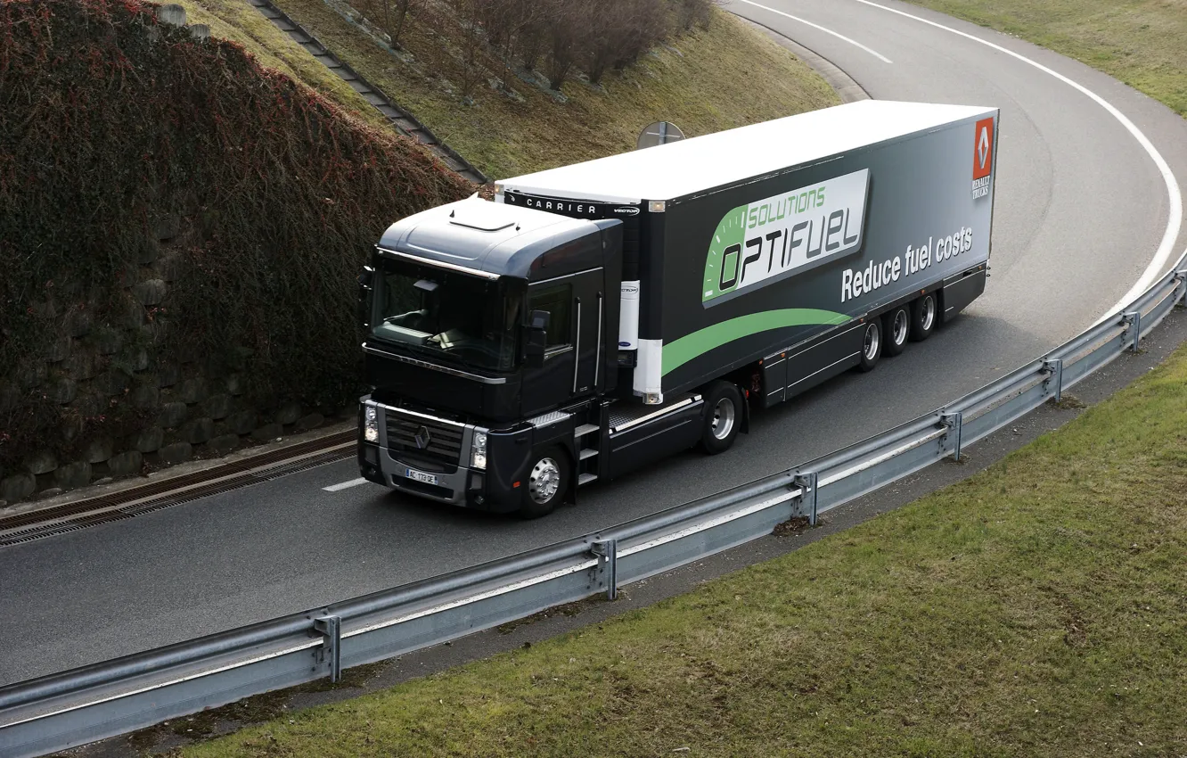 Photo wallpaper road, grass, black, turn, the fence, truck, Renault, Magnum