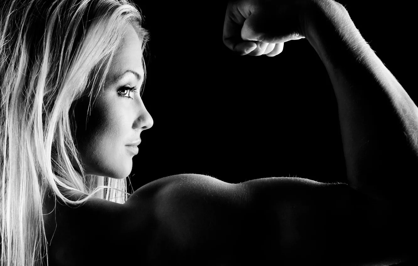 Photo wallpaper look, pose, black, blonde, profile, athlete, biceps, fitness