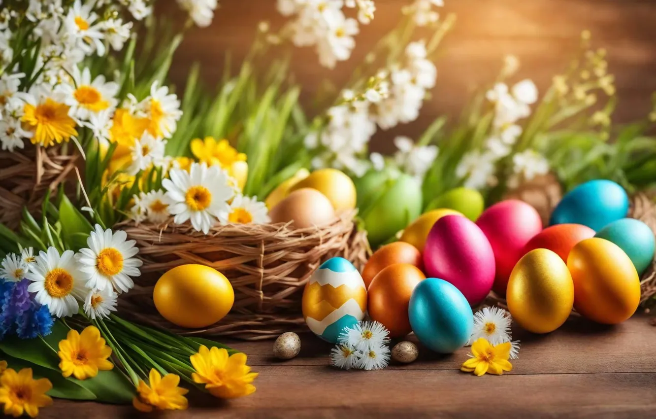 Photo wallpaper flowers, eggs, spring, colorful, Easter, flowers, spring, Easter