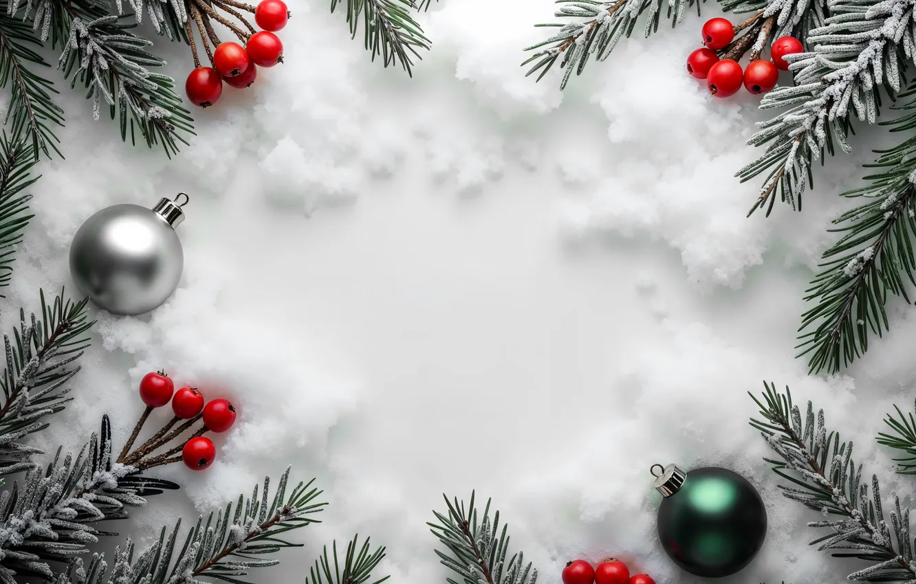 Photo wallpaper snow, decoration, berries, balls, new year, Christmas, Christmas, balls