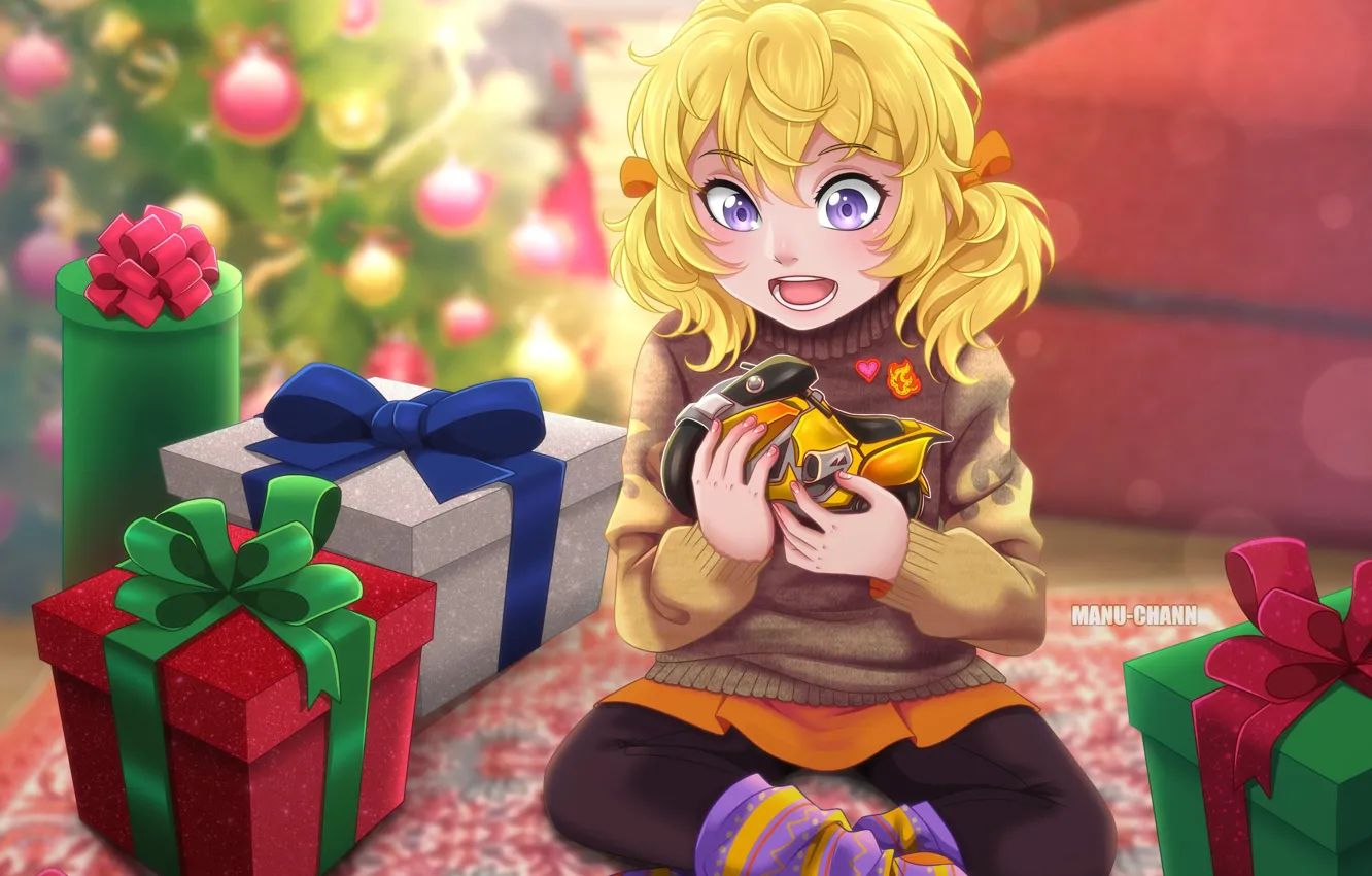 Photo wallpaper gift, toy, tree, new year, girl, bike, delight, RWBY