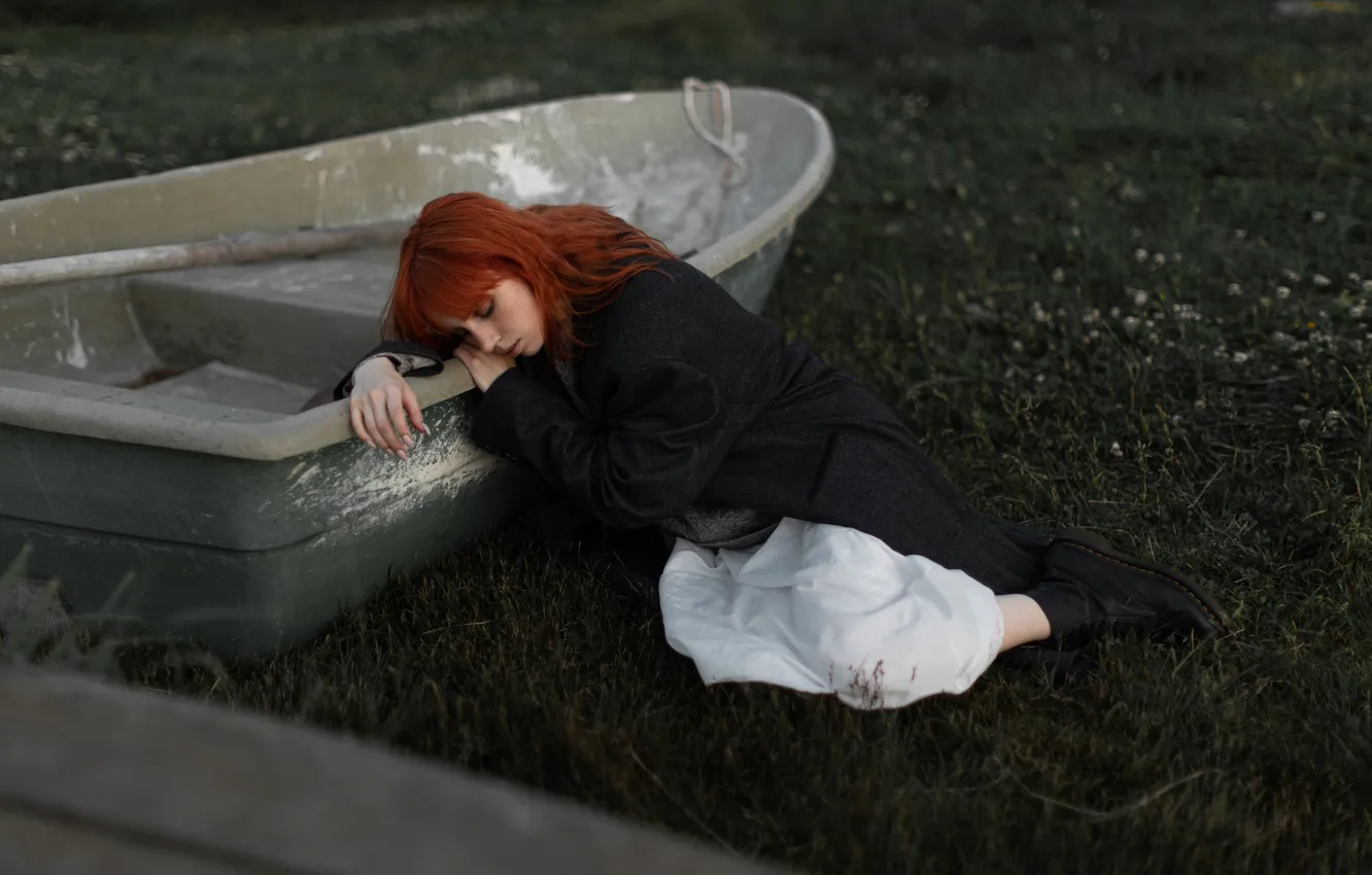 Photo wallpaper girl, pose, mood, boat, red, redhead, closed eyes, Andrey Frolov