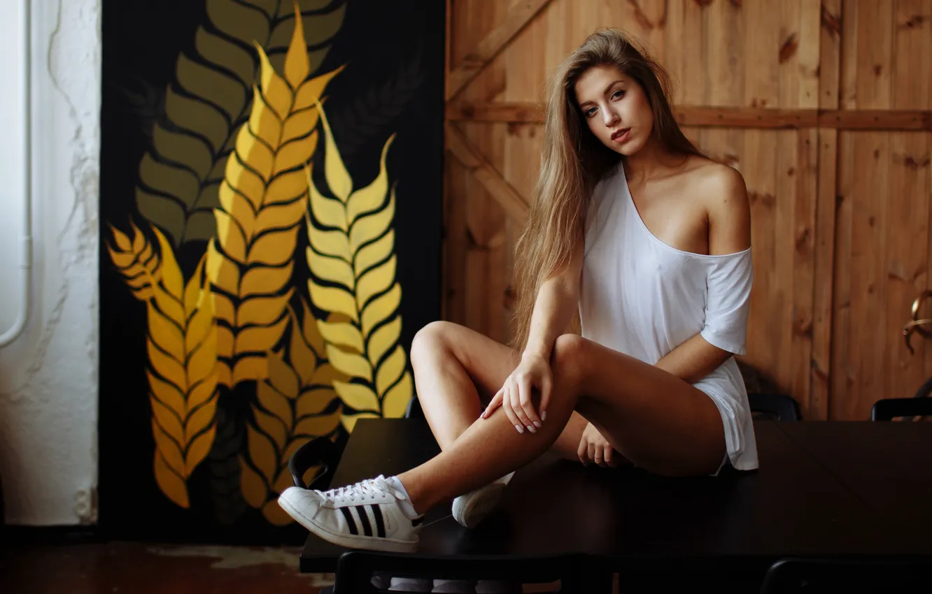 Photo wallpaper look, girl, pose, shoulders, long hair, sneakers, Yana, Artem Kosolapov