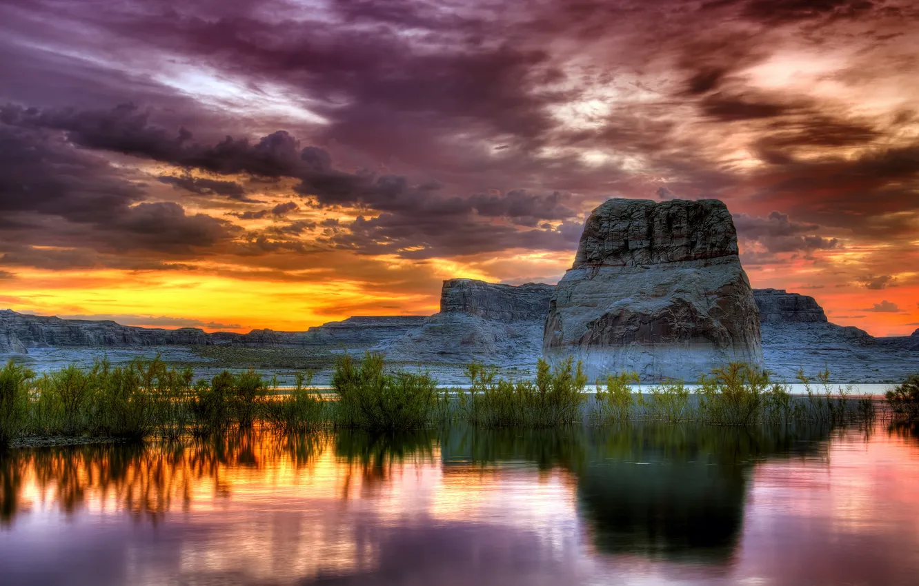 Photo wallpaper MOUNTAINS, The SKY, CLOUDS, POND, SUNSET, DAL, DAWN, ROCKS