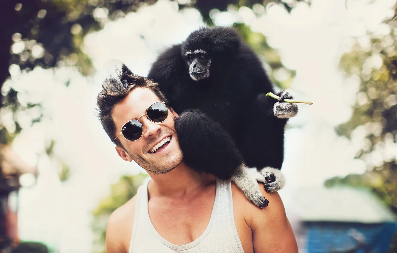 Photo wallpaper monkey, bokeh, animal, human, natural, touch