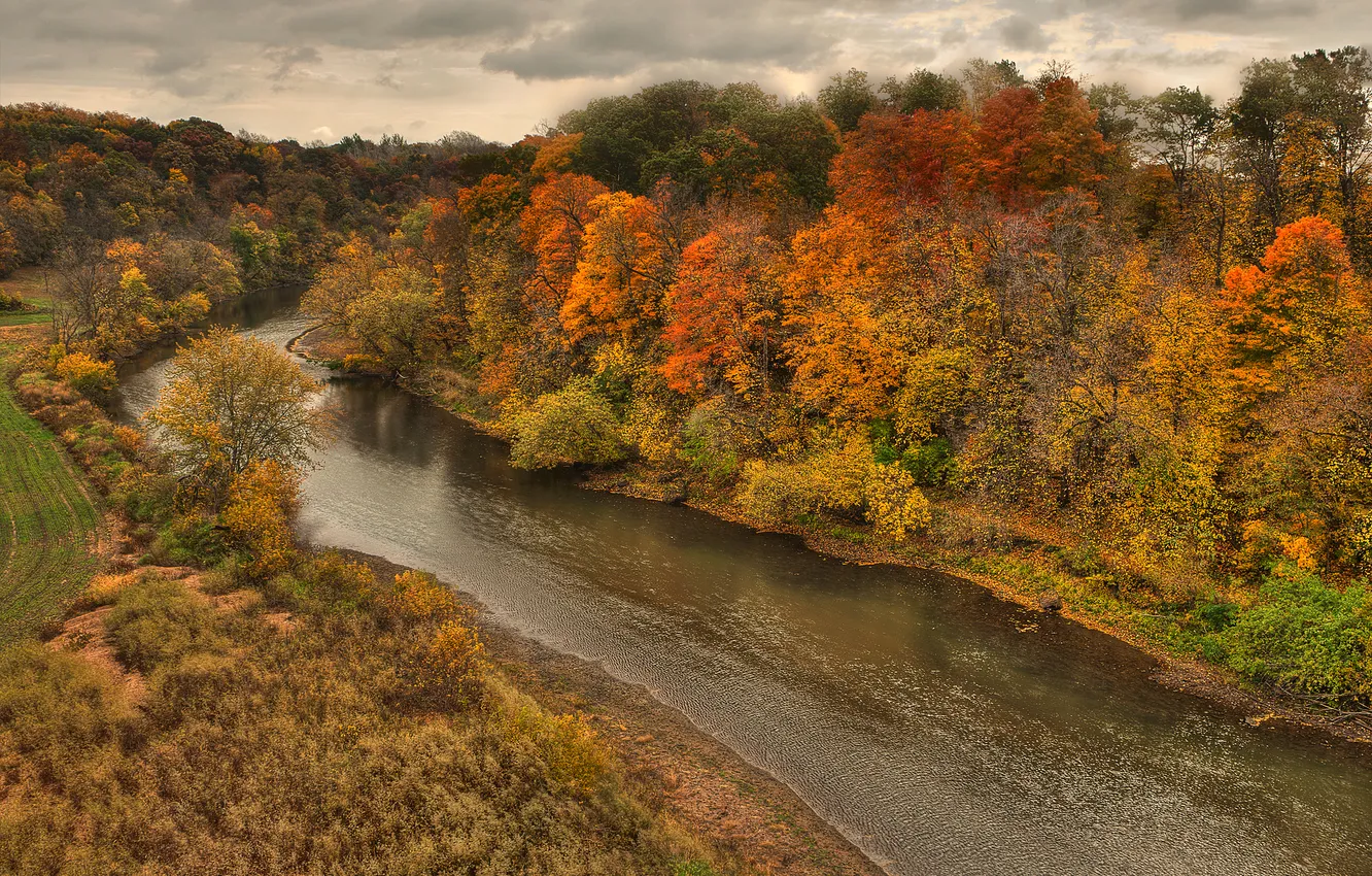 Photo wallpaper autumn, forest, the sky, clouds, river