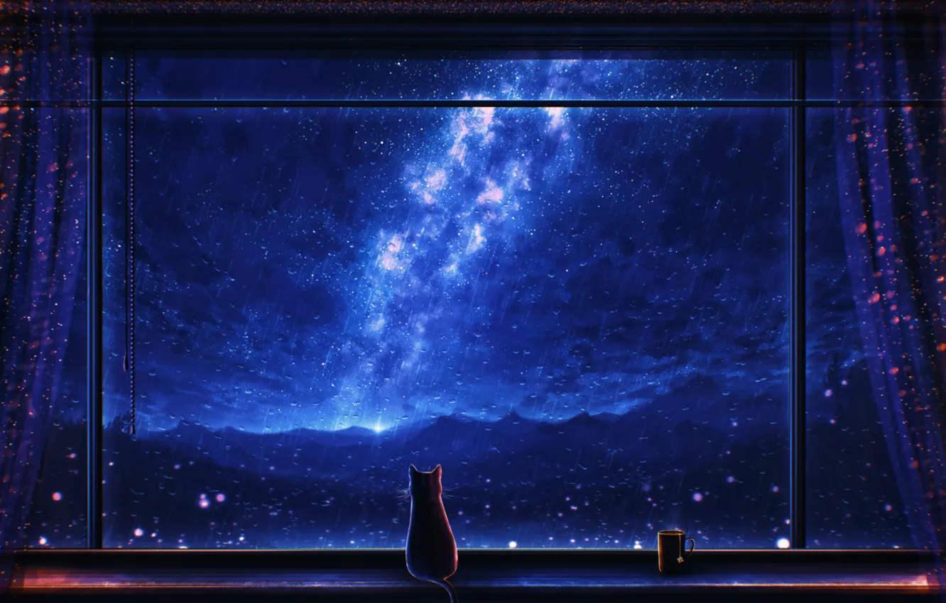 Photo wallpaper cat, mug, window, rain, by Miloecute, night, the milky way