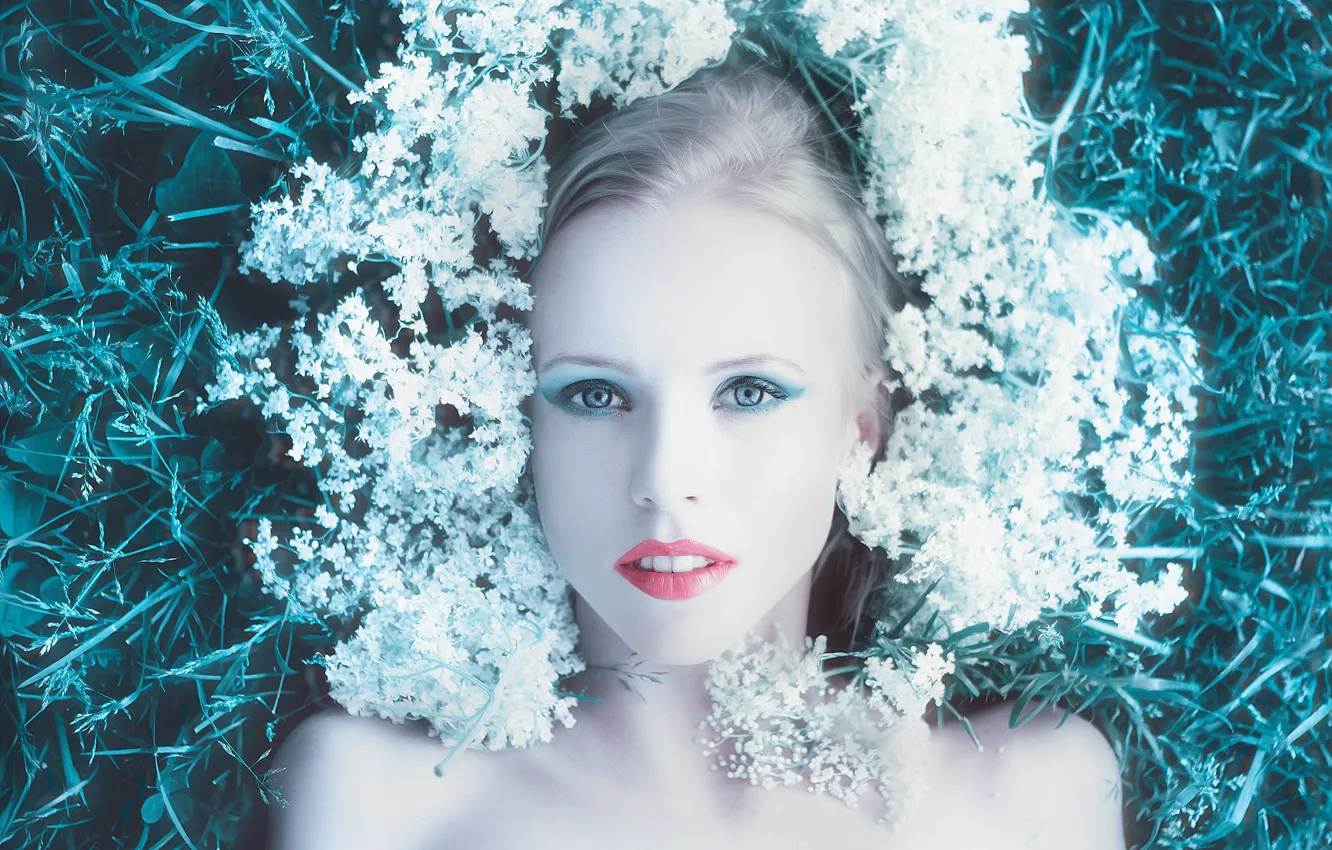 Photo wallpaper grass, look, girl, flowers, face, makeup, hairstyle, blonde