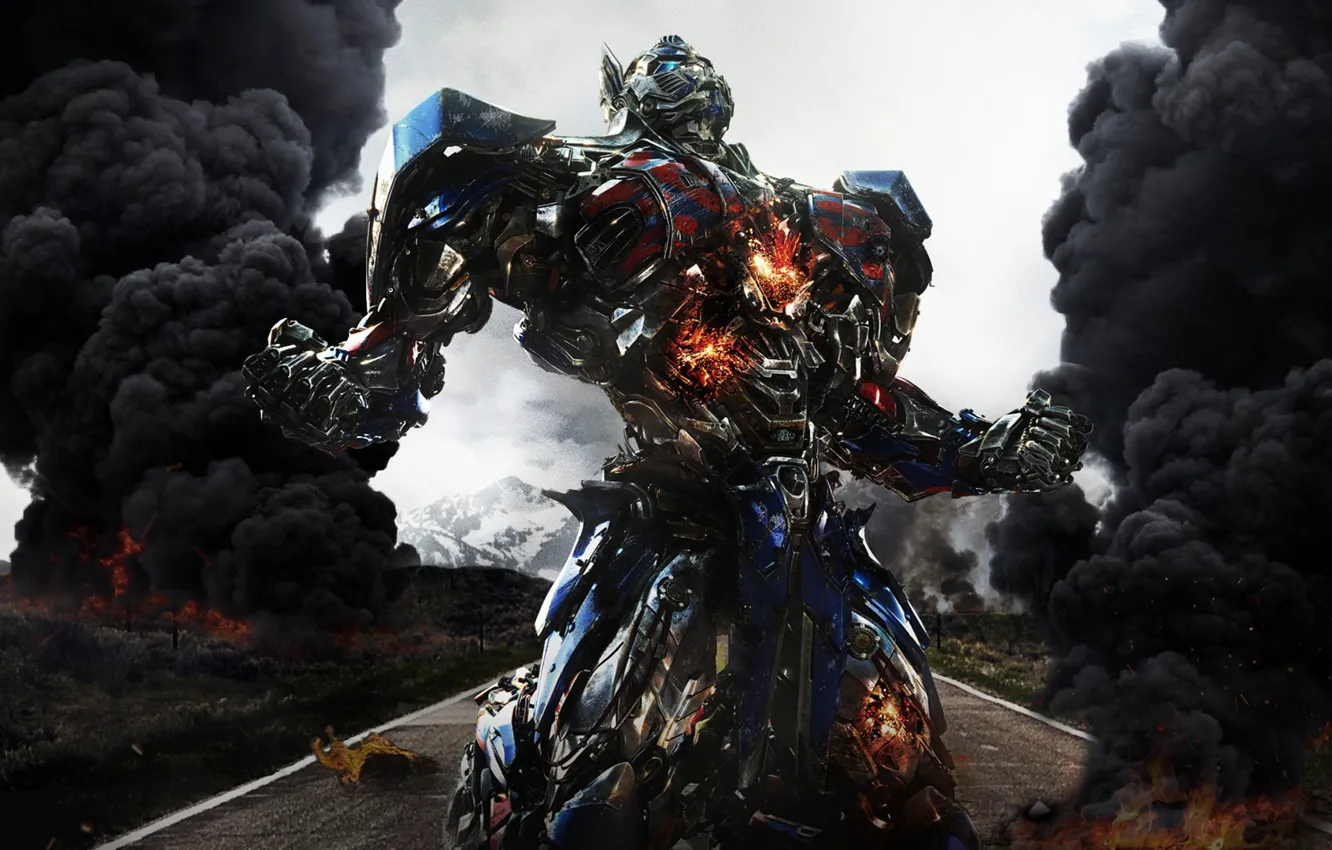 Photo wallpaper car, cinema, fire, flame, gun, robot, weapon, street