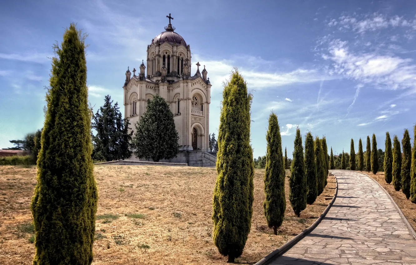 Photo wallpaper the sky, trees, temple, Sunny, alley, Spain, Pantheon of the Duchess of Sevillano