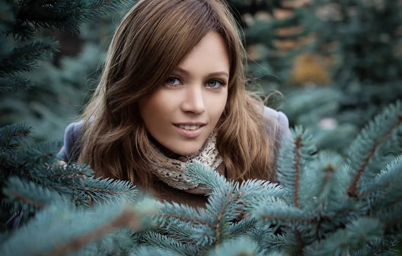 Photo wallpaper look, girl, branches, nature, face, portrait, makeup, scarf