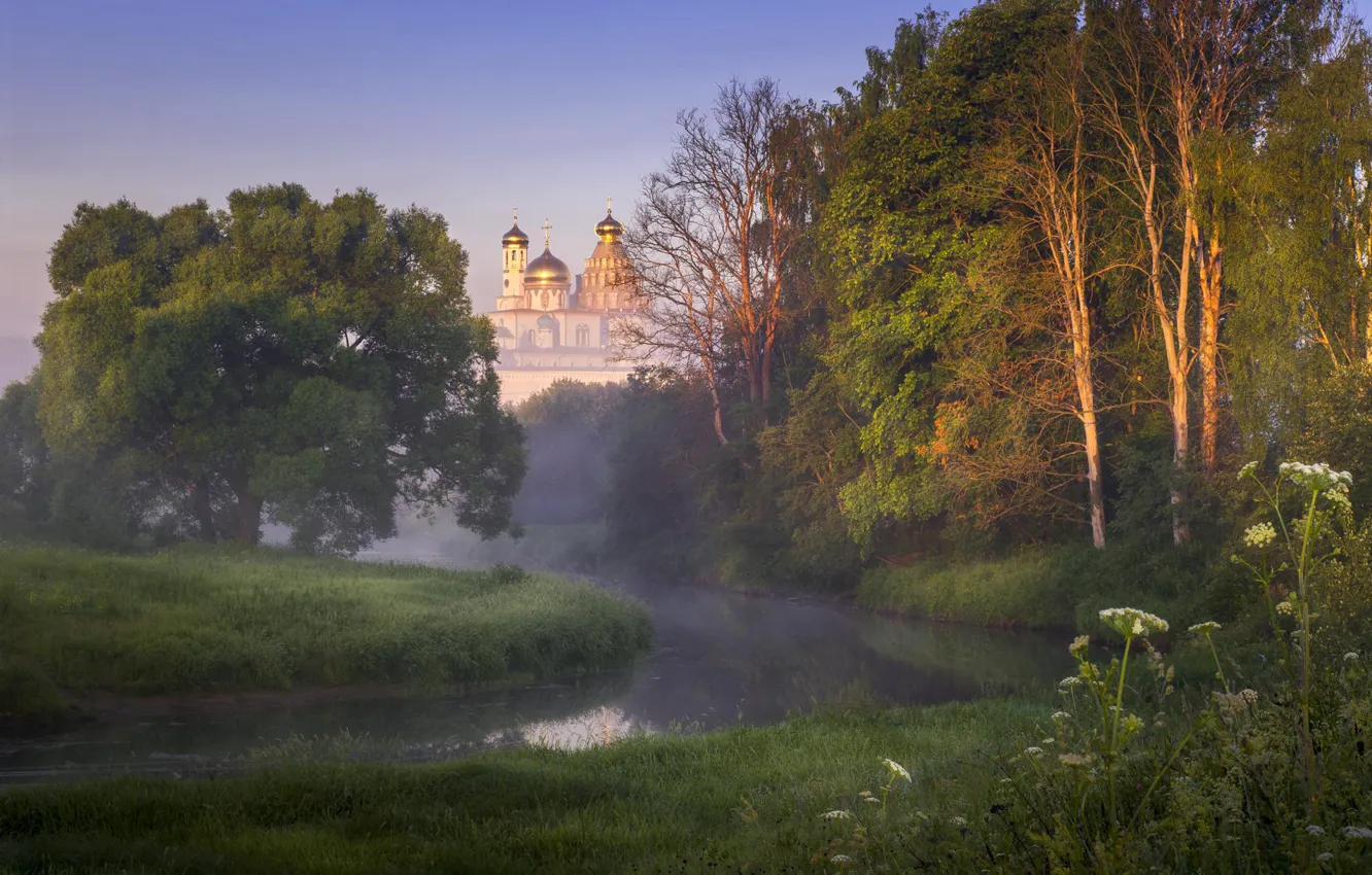 Photo wallpaper summer, trees, landscape, nature, fog, river, Cathedral, the monastery