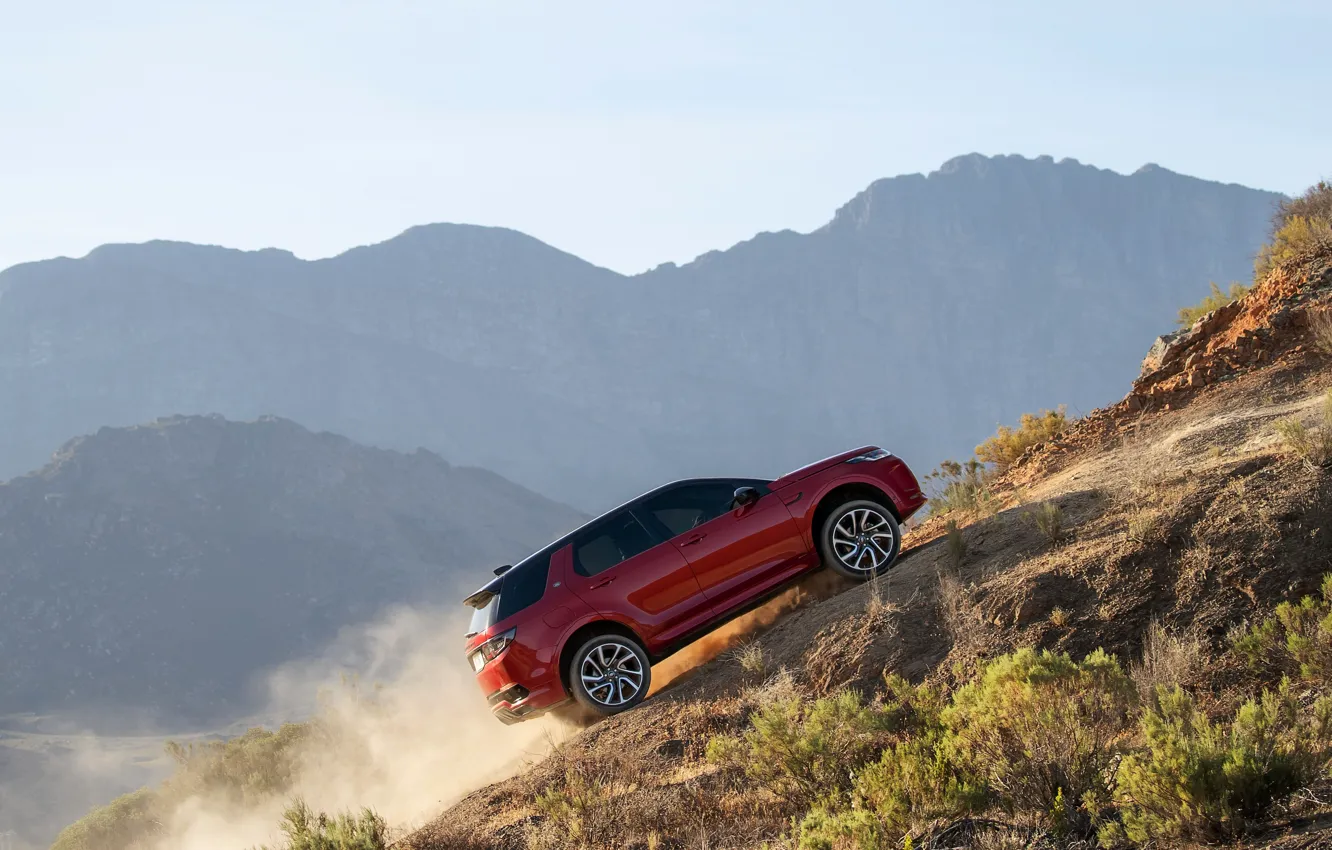 Photo wallpaper mountains, dust, Land Rover, the rise, crossover, SUV, 2020, Discovery Sport
