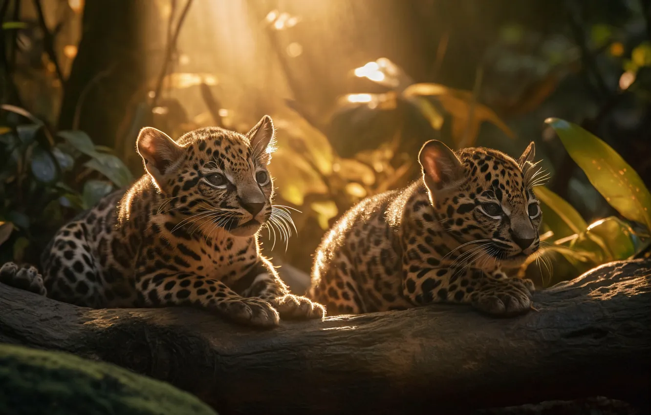 Photo wallpaper Kittens, Jungle, Two, Digital art, Leopards, Predators, Spotted, Rainforest
