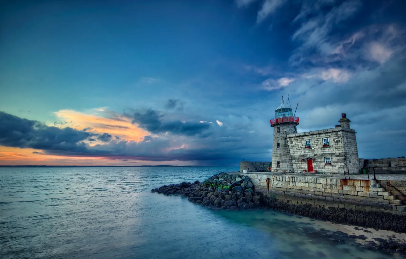 Photo wallpaper sea, clouds, stones, lighthouse, the evening