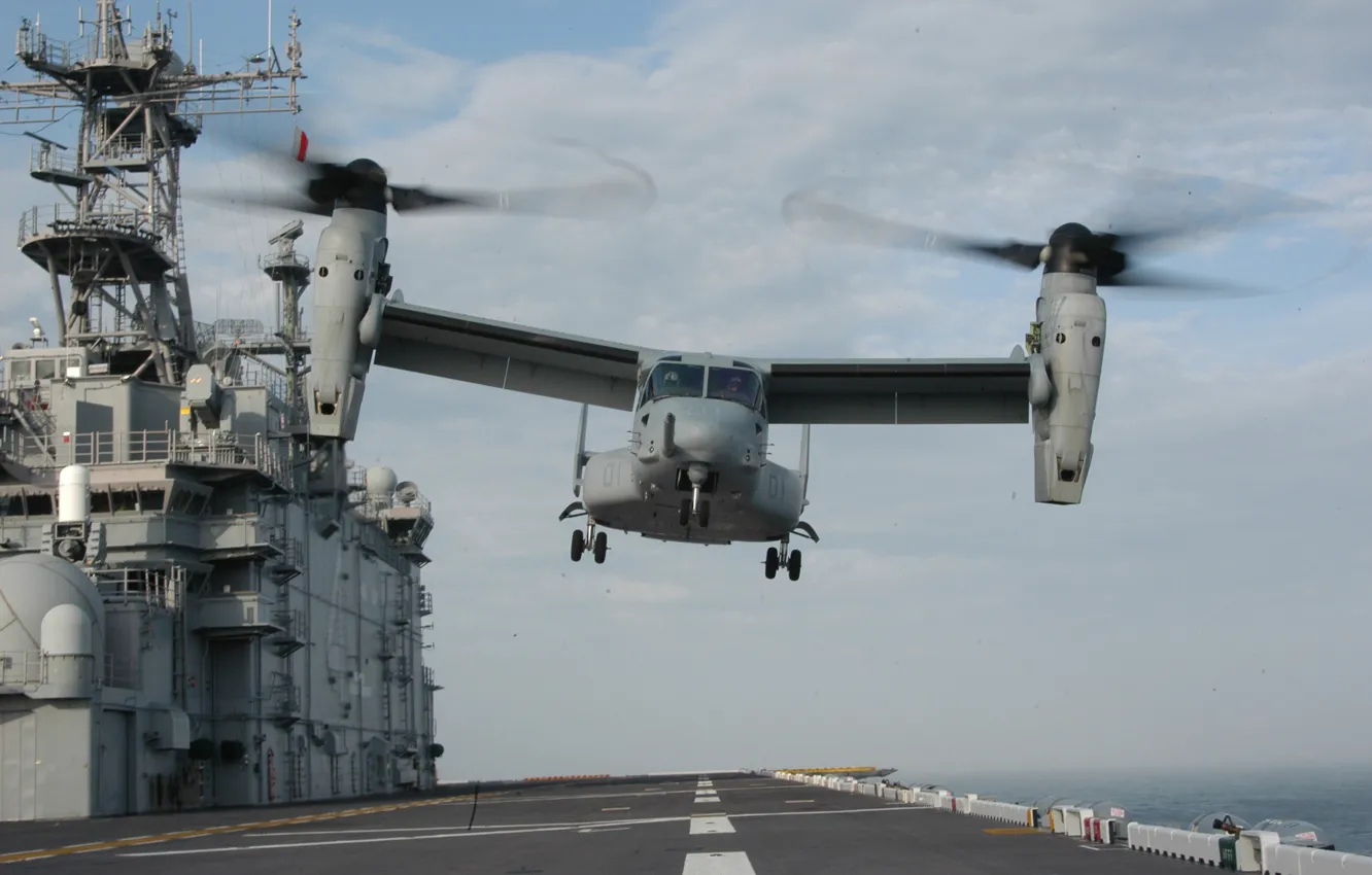 Photo wallpaper the rise, the tiltrotor, the add-in, МV-22 Osprey, the deck of the ship