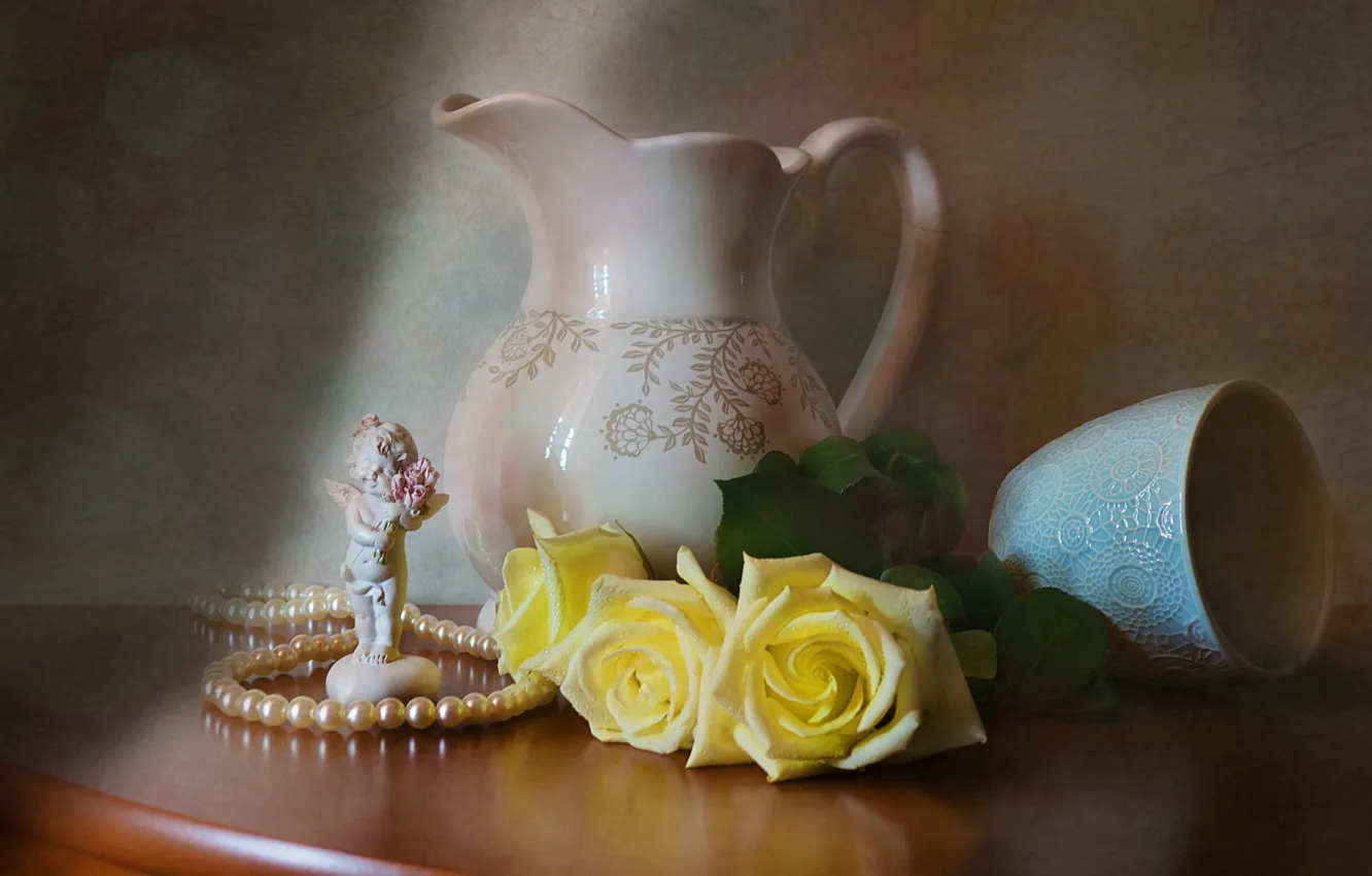 Photo wallpaper flowers, table, roses, angel, dishes, pearl, beads, figurine