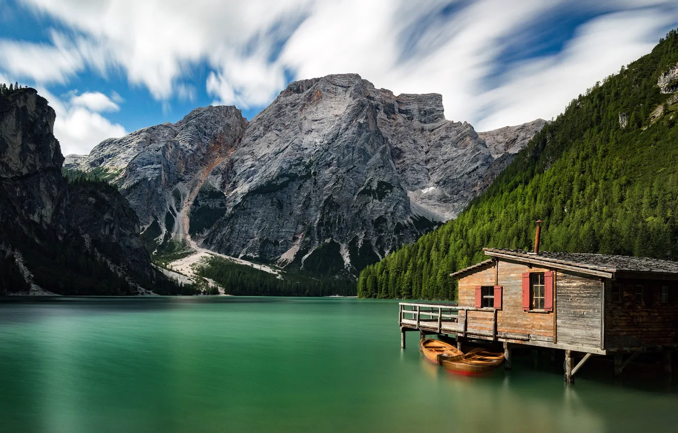 Photo wallpaper mountains, lake, boats, Italy, house, Italy, The Dolomites, South Tyrol
