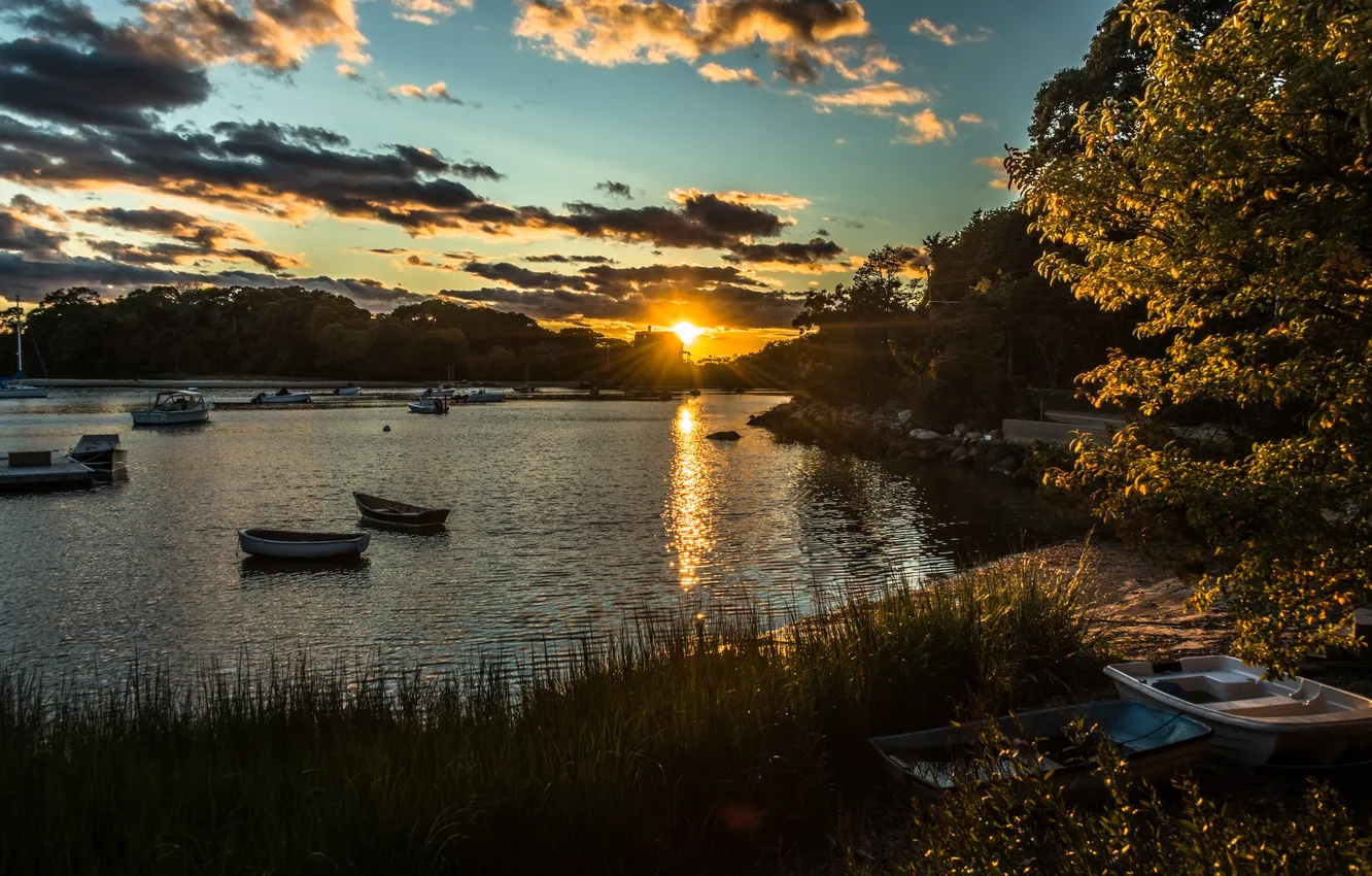 Photo wallpaper sunset, river, boats