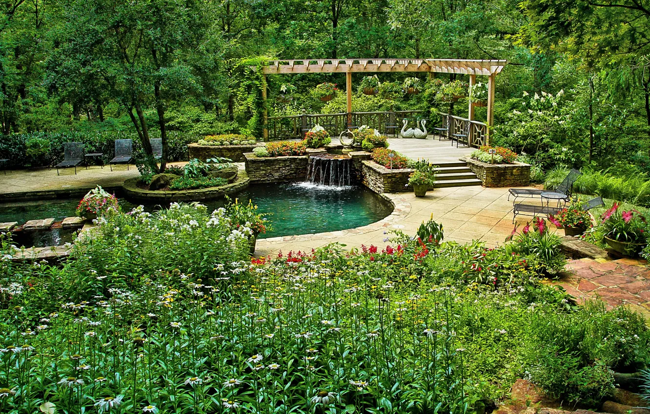 Photo wallpaper greens, trees, flowers, pond, Park, USA, the bushes, Ball Ground Gibbs Gardens