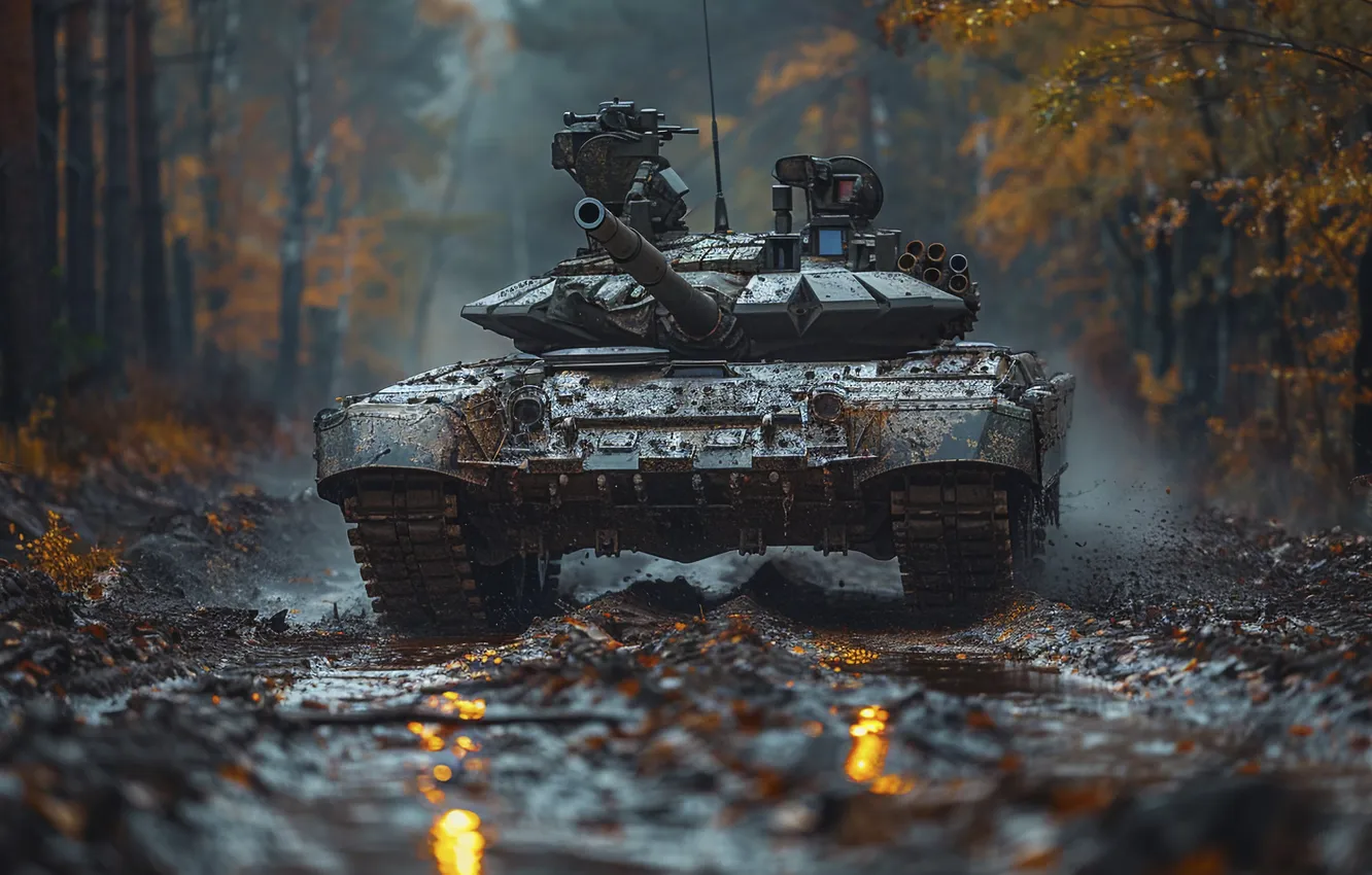 Photo wallpaper trees, dirt, tank, front, digital art, AI art, The Art of Artificial Intelligence, neural network