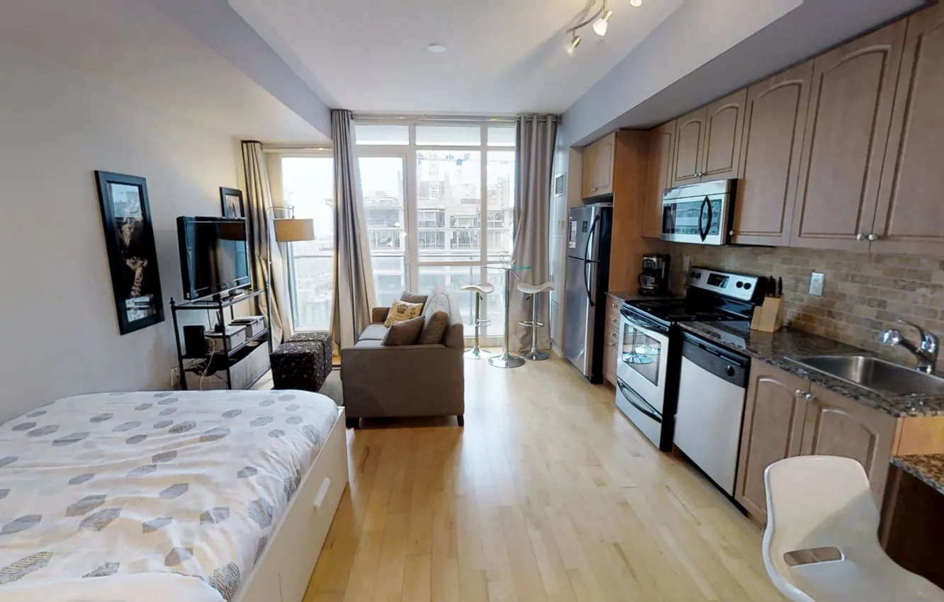 Photo wallpaper design, interior, kitchen, The Bachelor Apartment, mini bedroom, mini living room, mini-dining room, Bachelor apartment