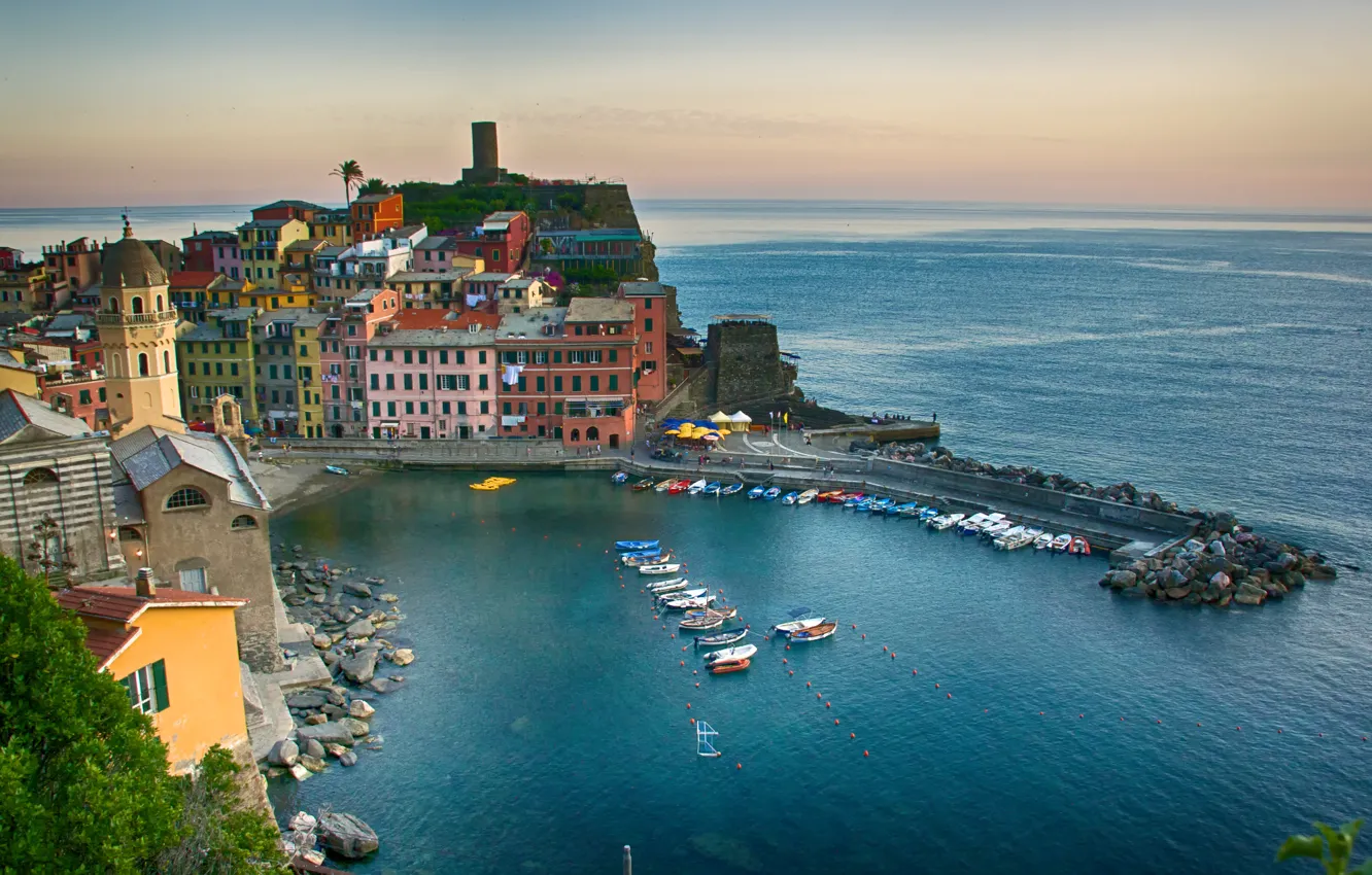 Photo wallpaper sea, landscape, the city, coast, building, Bay, boats, Italy