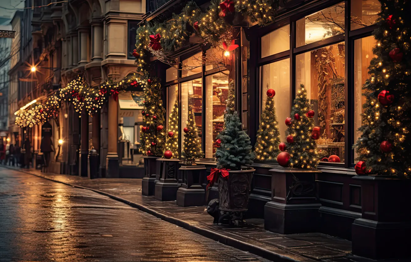 Photo wallpaper winter, snow, decoration, night, the city, lights, balls, street