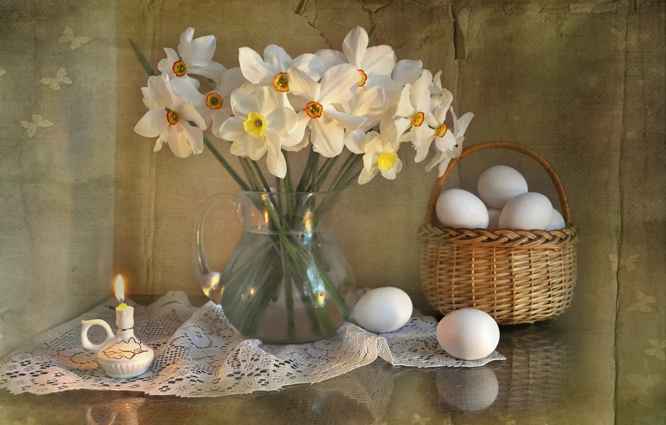 Photo wallpaper flowers, holiday, bouquet, spring, Easter, still life, daffodils, composition