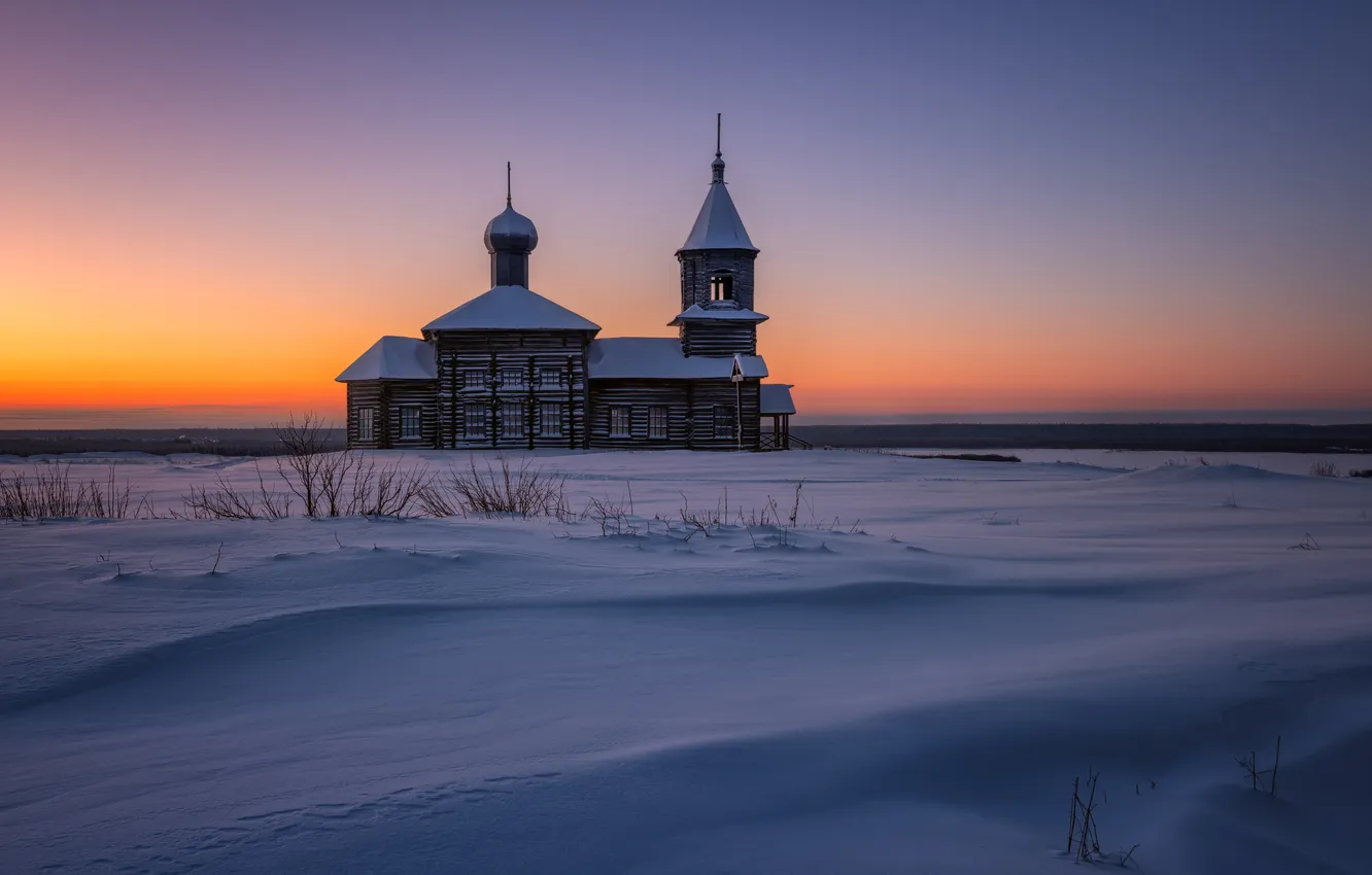 Photo wallpaper winter, landscape, Church, Arkhangelsk oblast, Maxim Evdokimov, Christmas Morning