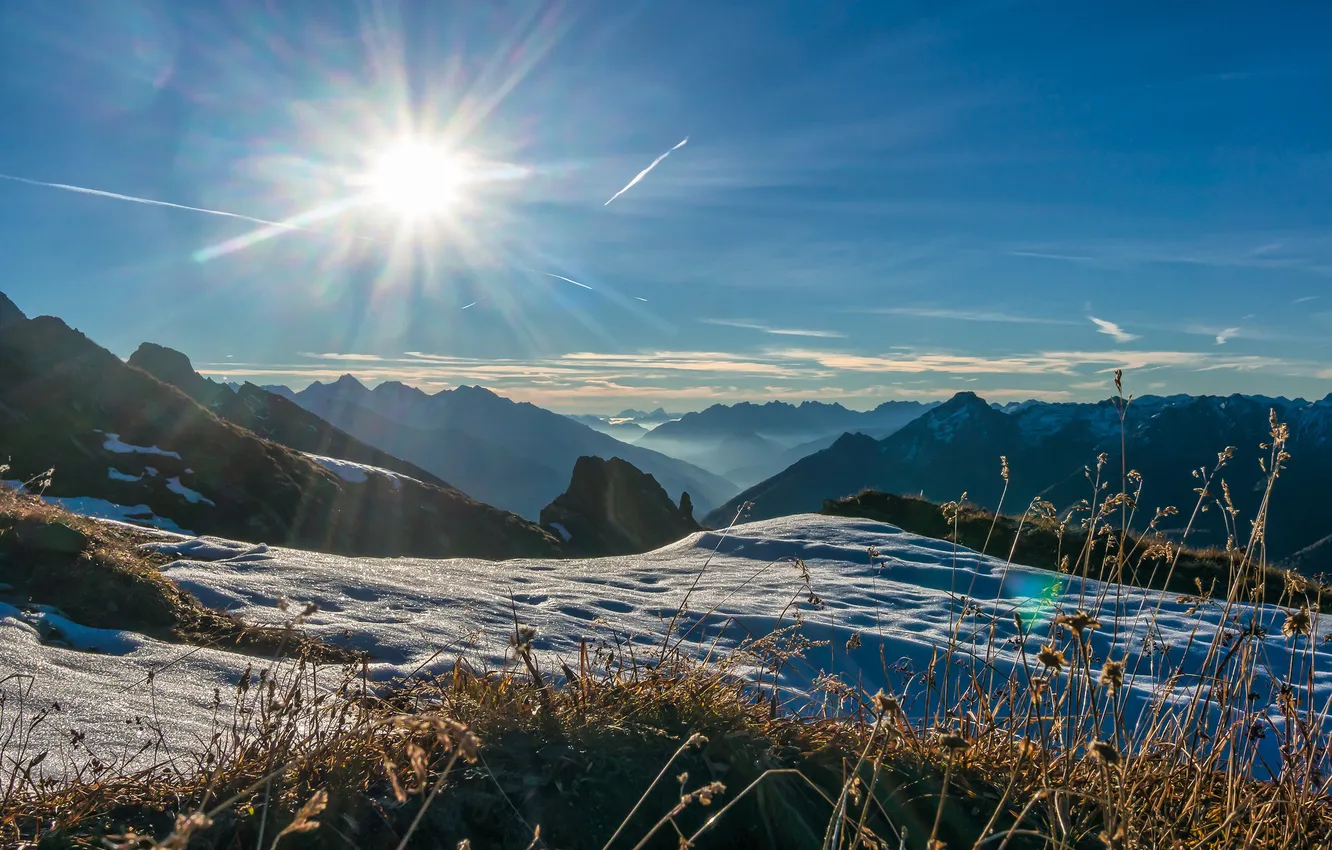 Photo wallpaper winter, grass, the sun, snow, mountains, tops