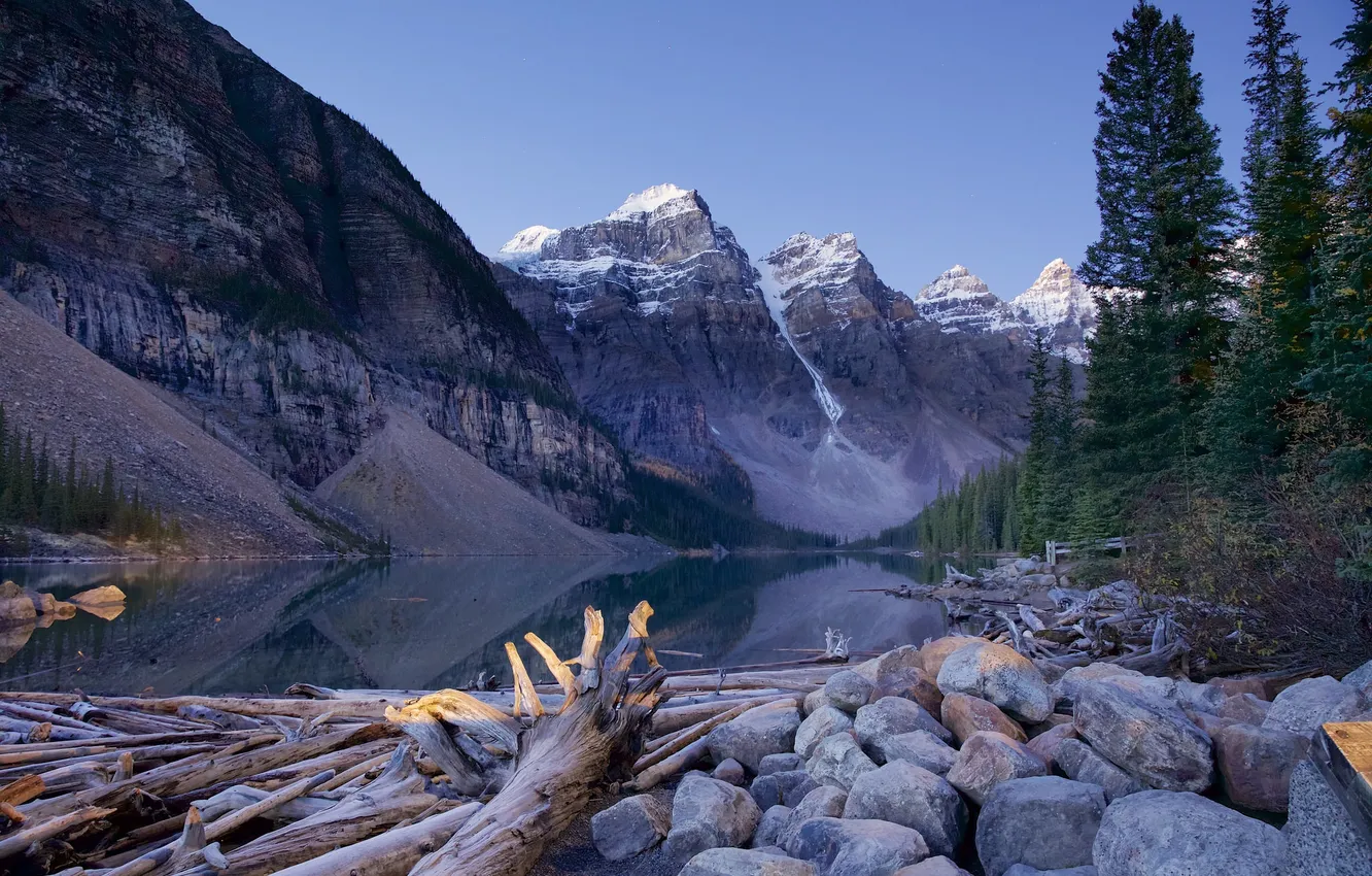 Photo wallpaper forest, the sky, trees, mountains, lake, Canada, Alberta, Moraine Lake