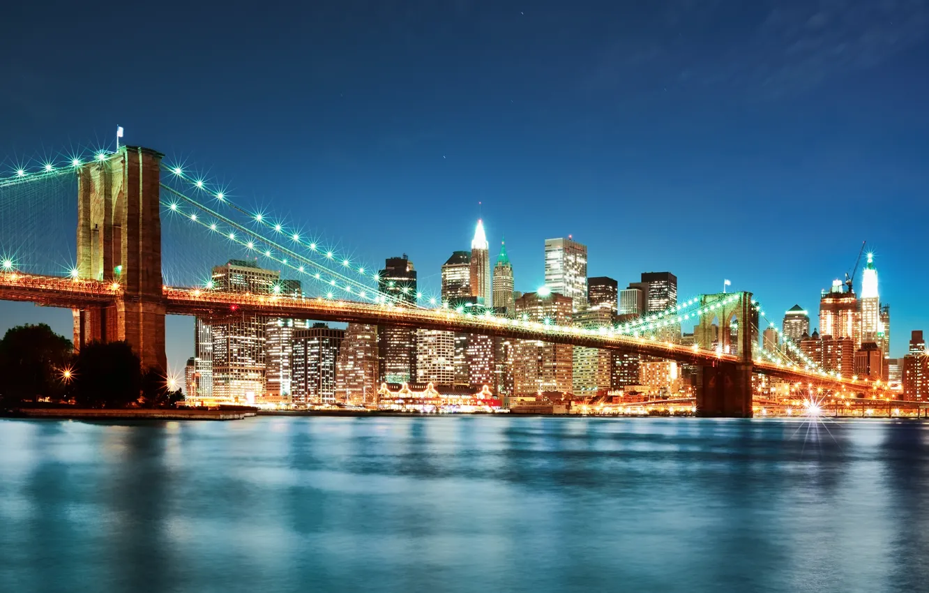 Photo wallpaper night, bridge, the city, lights, new York, new york, Brooklyn bridge, brooklyn bridge