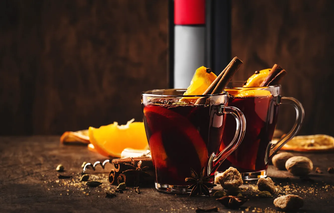 Photo wallpaper the dark background, table, tea, Board, new year, orange, Christmas, mug