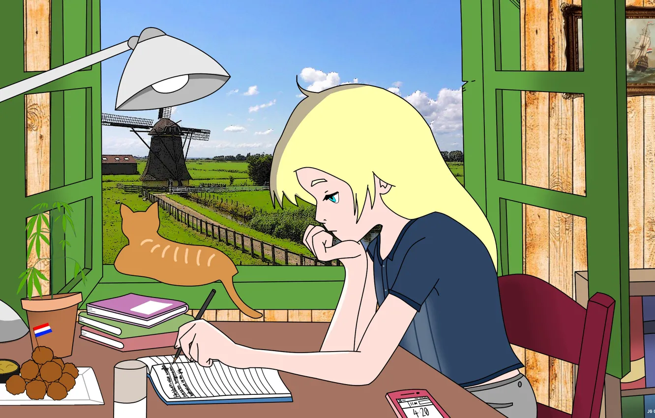 Photo wallpaper cat, window, girl, school, lesson, Holland